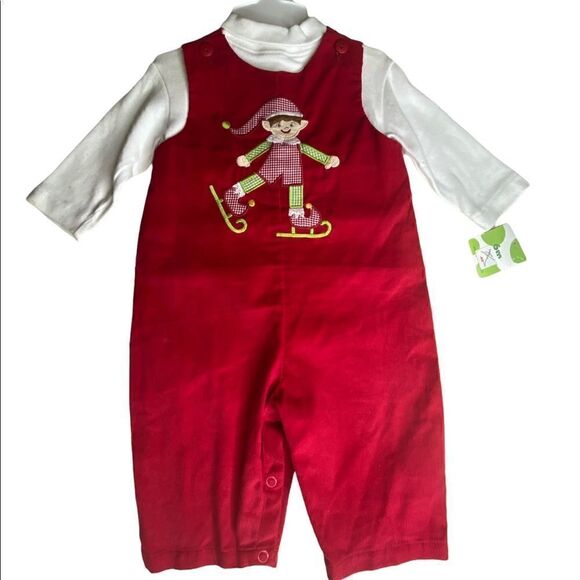 ZU Infant Kids' Ice Skating Elf On Christmas Corduroy Turtleneck Jumpsuit Red 6M - Picture 2 of 7